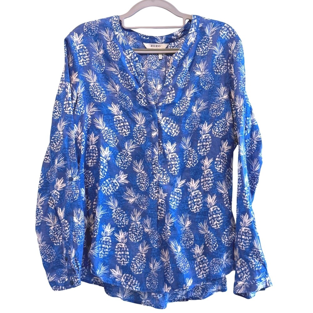 ZOZO Womens Blue 100% Linen Pineapple Print Roll Tab Sleeve V-Neck Top Size M‎
